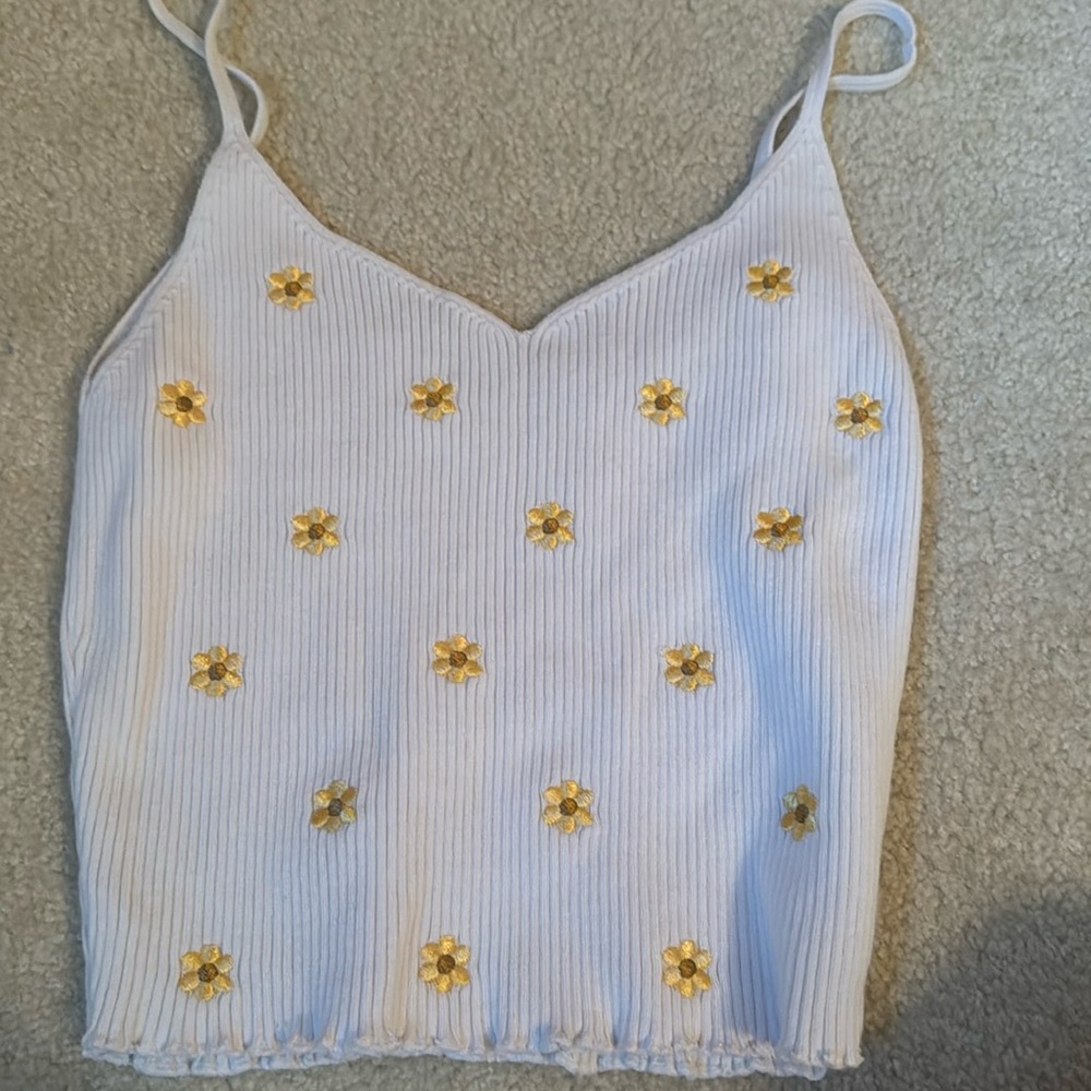 white and yellow flower print ribbed tank top